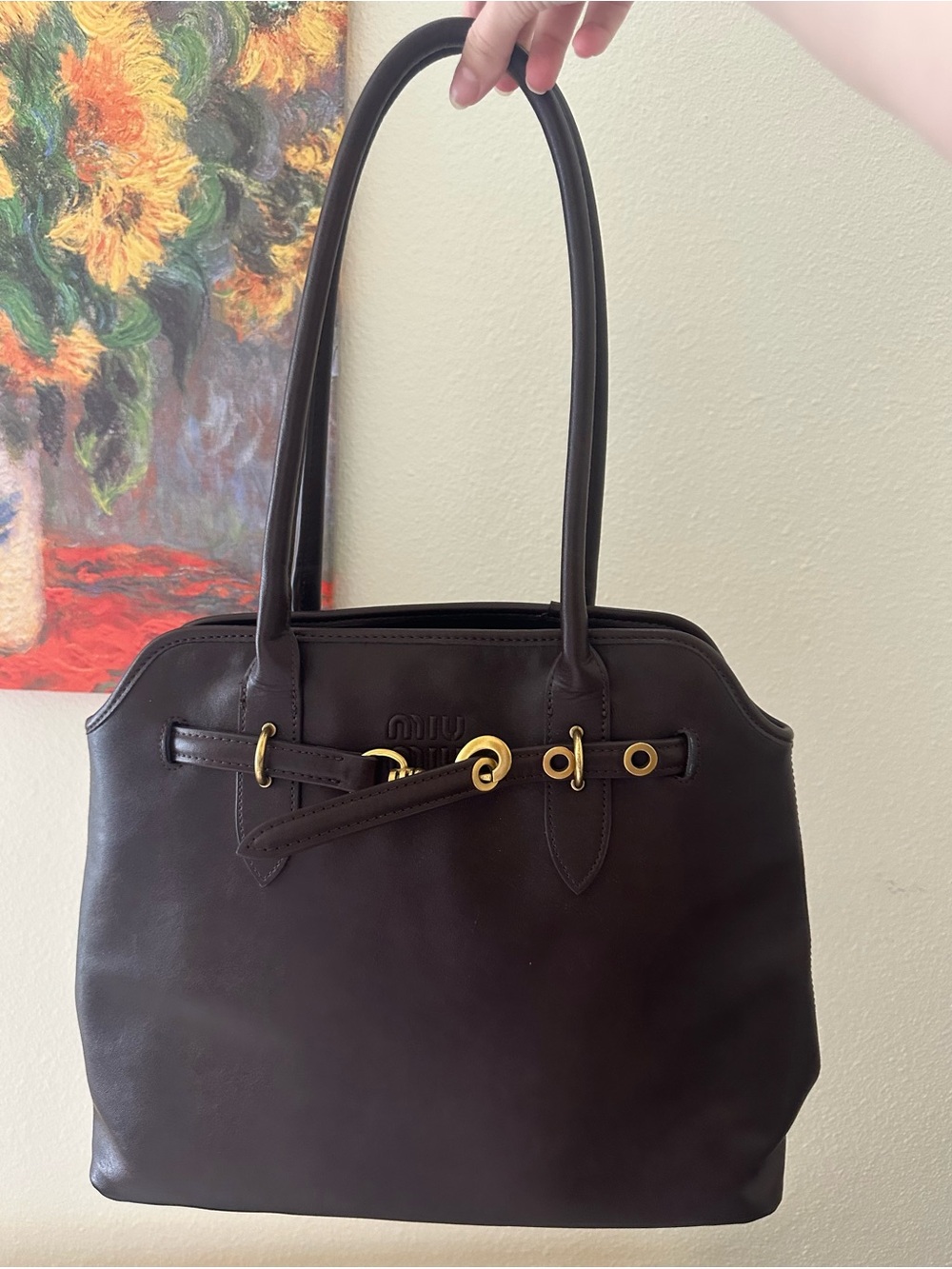 Miu Miu Dark Brown Leather Shoulder Bag with Gold Hardware